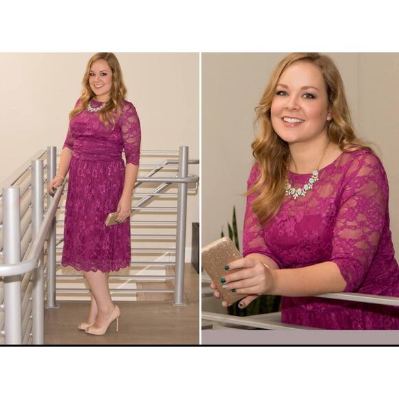 Kiyonna Dress Luna Lace Style 2X Pink Party Lined Feminine Colorful Fit + Flare - Picture 5 of 13